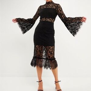 NWT Endless Rose Black Lace Bell Sleeve Midi Dress